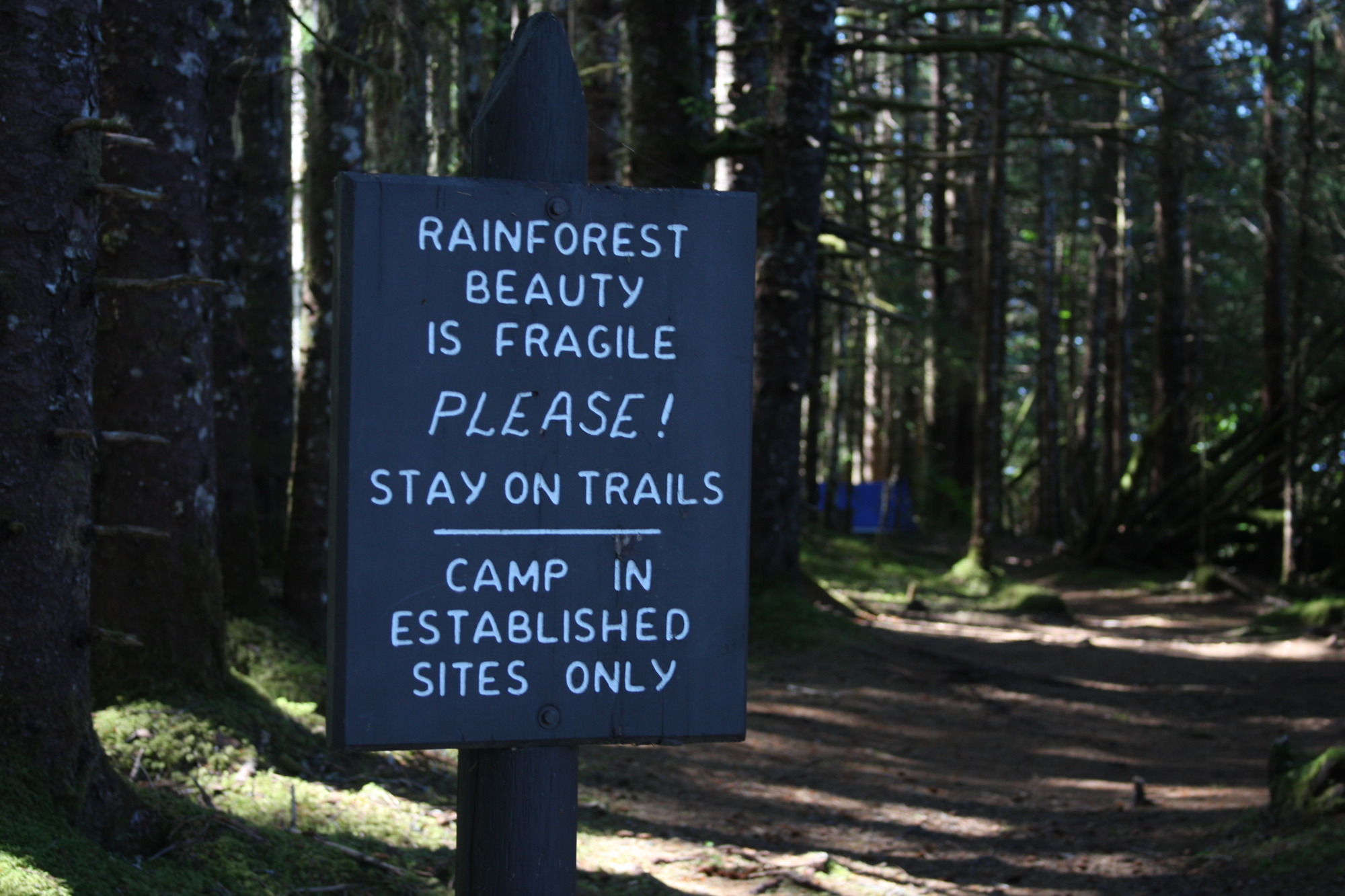 A sign asking visitors to stay on trails and camp only in established sites stands with a forest behind it.