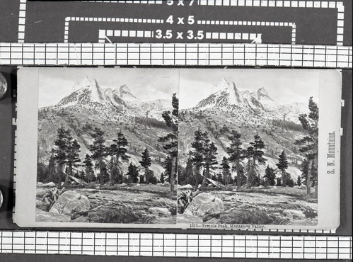Copy Neg: Leroy Radanovich, June 2001. Stereoview titled "1510 Temple Peak, Monastery Valley." Taken in the Echo Peaks, Cathedral Pass area.