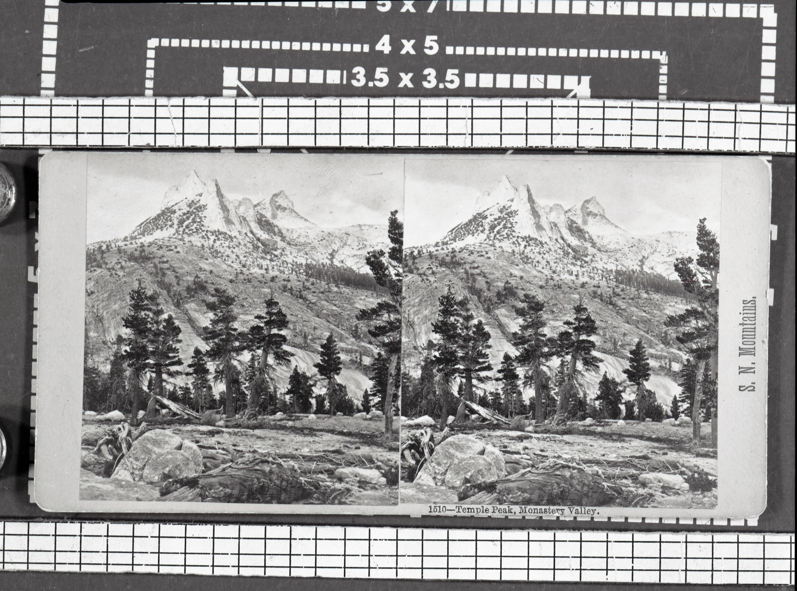Copy Neg: Leroy Radanovich, June 2001. Stereoview titled "1510 Temple Peak, Monastery Valley." Taken in the Echo Peaks, Cathedral Pass area.