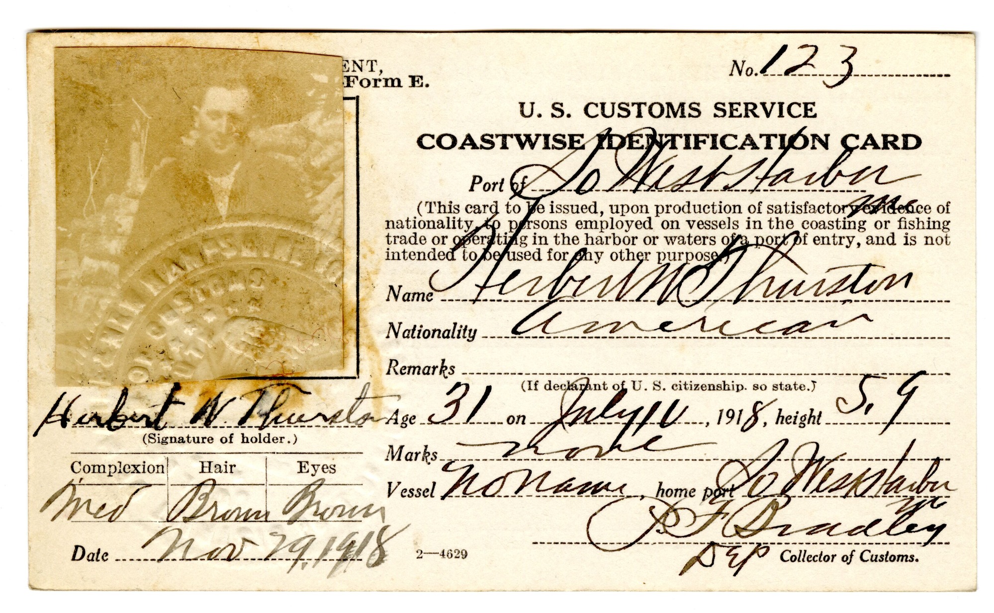 Herbert W. Thurston 1918 Coastwise Identification Card
