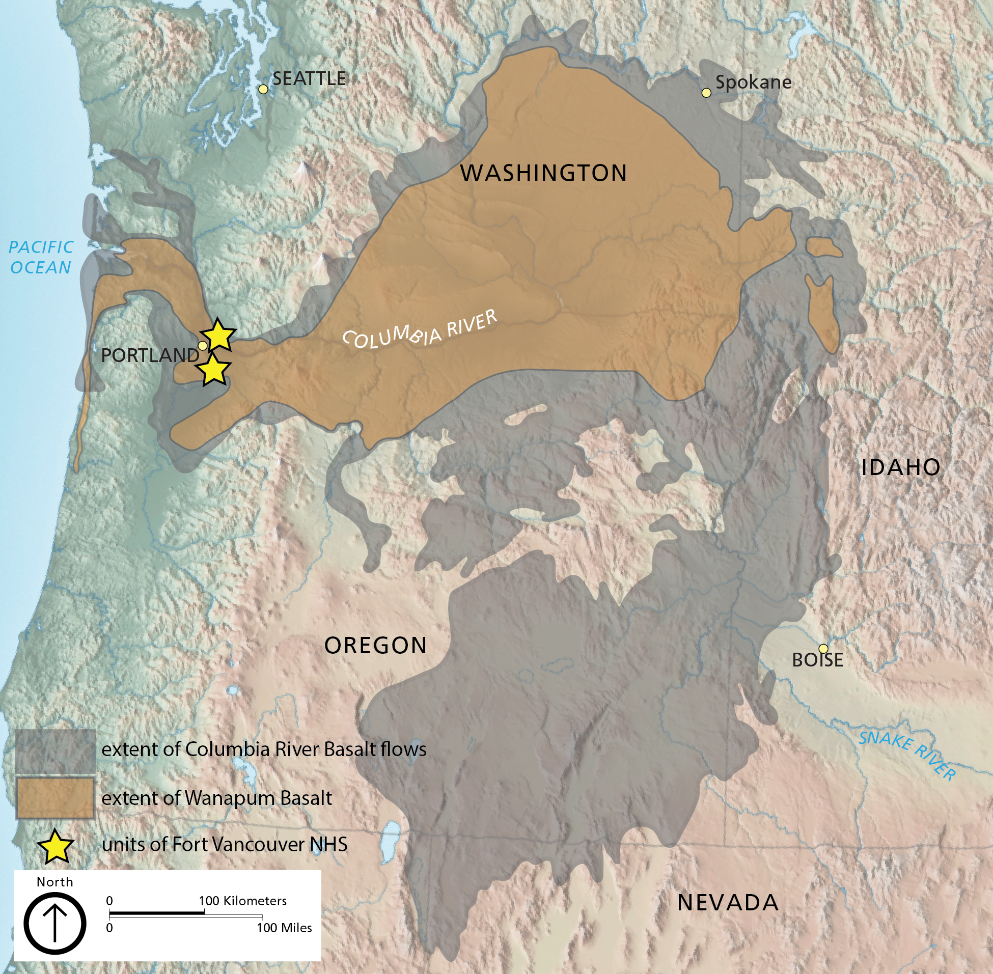 Map showing the distribution of the Columbia River Flood Basalt and the Wanapum basalt. The Wanapum basalt underlies both units of the Fort Vancouver National Historic Site. 
