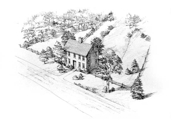 The Wayside House during the Colonial and American Revolutionary War period, circa 1775, when the house was a fairly simple structure, and the grounds were not well developed.