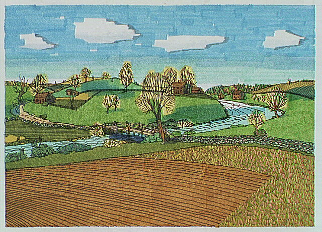 New England countryside showing a scene at the North Bridge in early April, 1775.