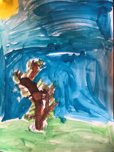 A painting of tree in a meadow. 