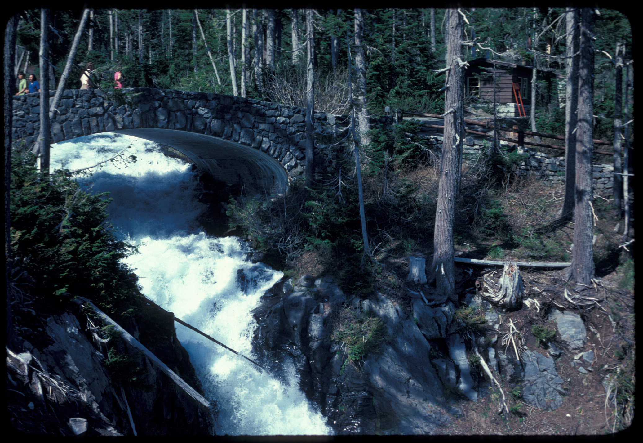 A stone-faced concrete bridge arches over the top of a waterfall with visitors standing on the bridge. A small building can be glimpsed through the trees on the right side of the bridge. 