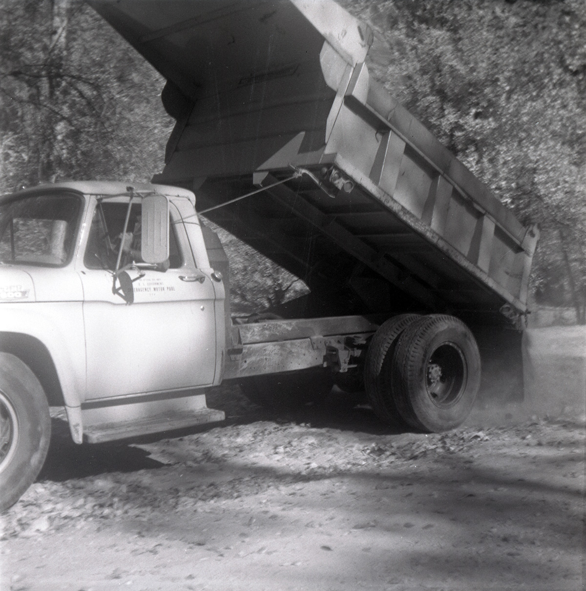 Truck dumping gravel for road construction near the Temple of Sinawava.
