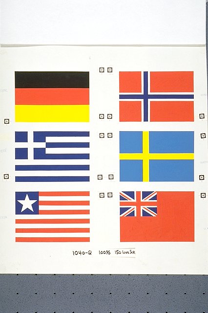 Six of the most frequently seen national flags displayed on commercial ships in Baltimore Harbor today (1988): Germany, Greece, Liberia, Norway, Sweden, and United Kingdom or Great Britain.