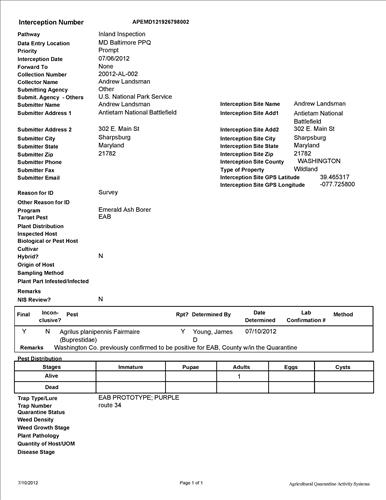 Emerald Ash Borer Confirmation Record