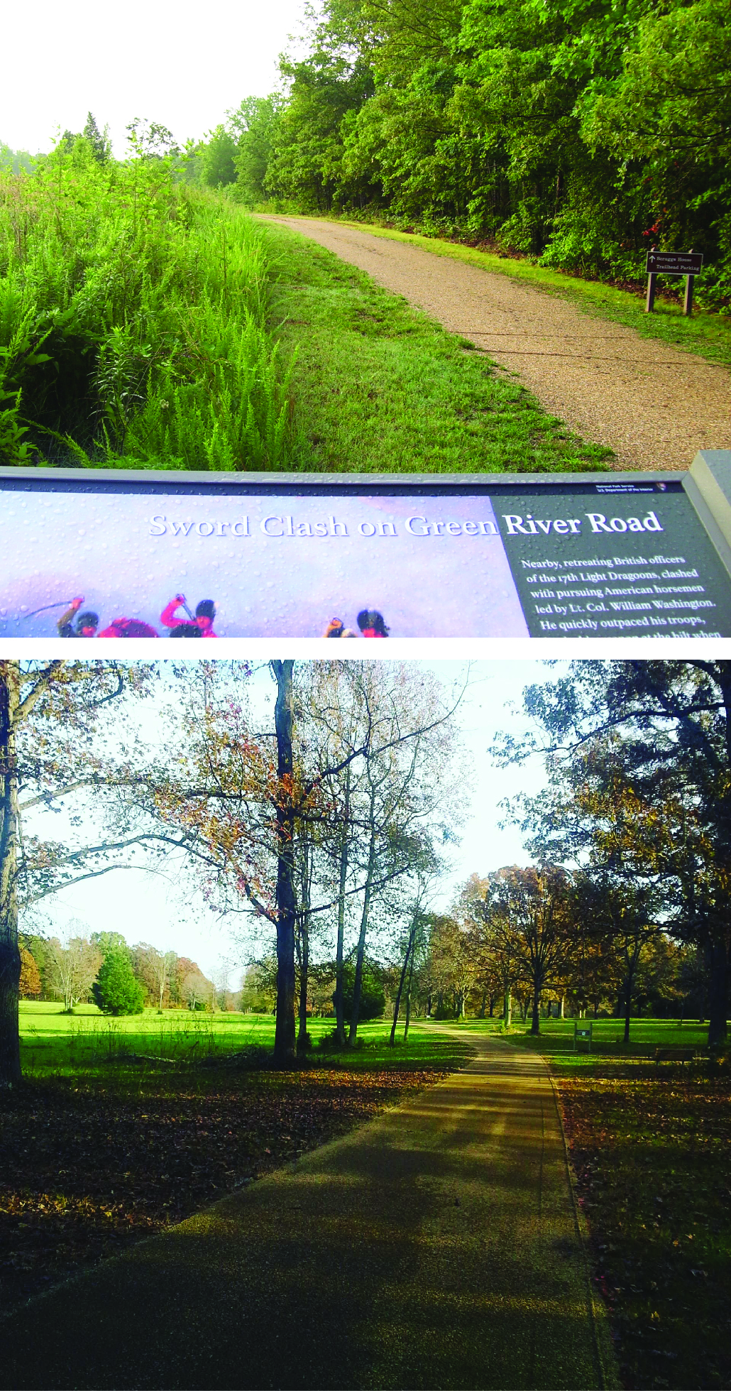 Figure 15. Photographs showing the muted topography of the landscape. Top photograph shows the Green River Road going over a gentle rise with a park sign in the foreground describing a sword clash that took place there. The bottom photograph shows the road bending across the open area of the battlefield with a few flanking trees. Caption follows.