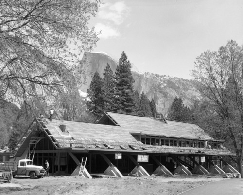 Subject: Degnan's Store near completion at Yosemite Village. Location: Yosemite Valley. Purpose: Mission 66 Cooperative Project.