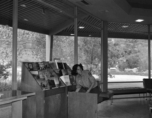 Student Conservation Association (SCA) volunteers, Richard Freeman in Visitor Center.