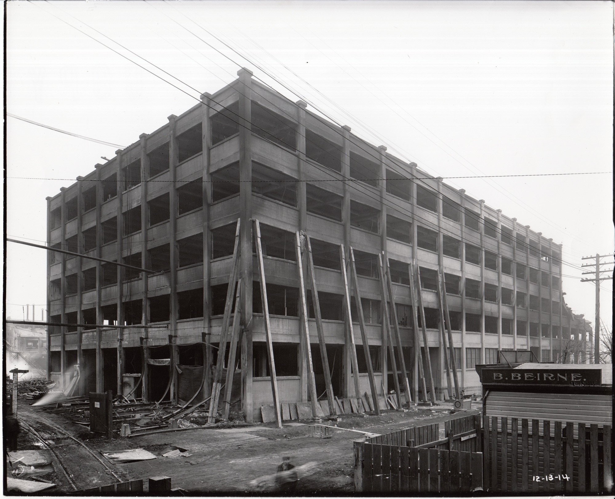 Phonograph works, Building 11, with wooden beams supporting section of third floor.