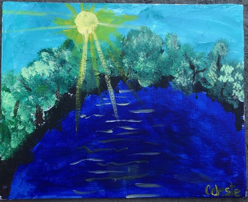 A painting of a pond surrounded by trees with the sun shining down.