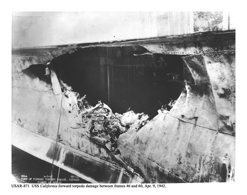 USS California forward torpedo damage