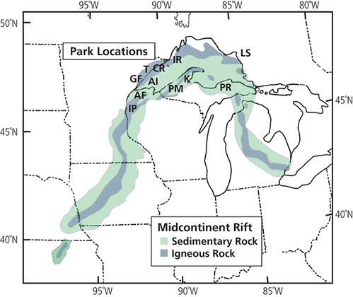 Map of the Midcontinent Rift. Sedimentary rocks are identified by green and igneous by blue