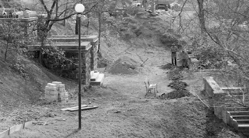 Piles of bricks and dirt line the walkway as the Grand Promenade is constructed.