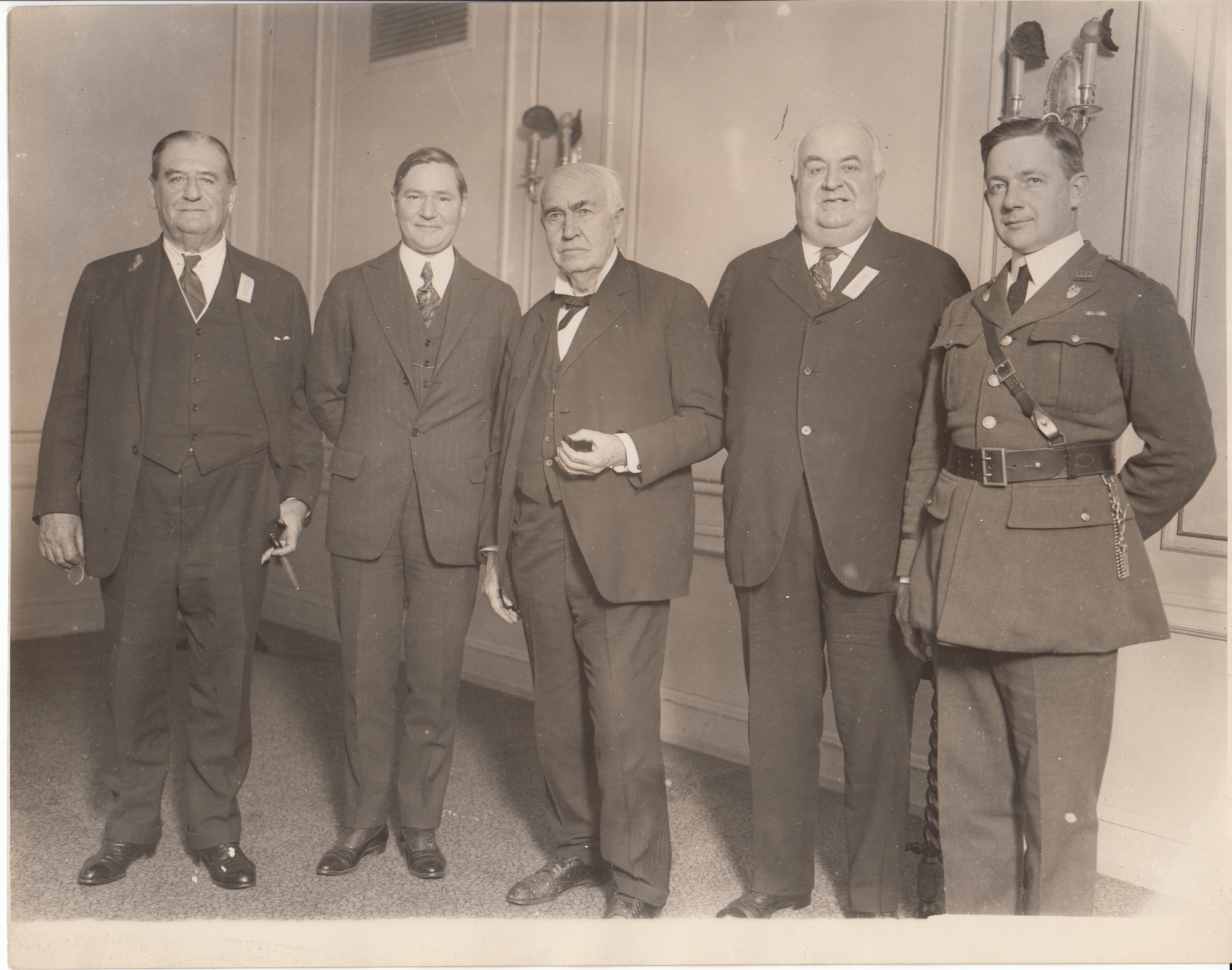 William Christian Heppenheimer, NJ Governor A. Harry Moore, Thomas Edison, Tim McCarter, and unidentified man at opening ceremonies for the public service Kearny Power Plant.