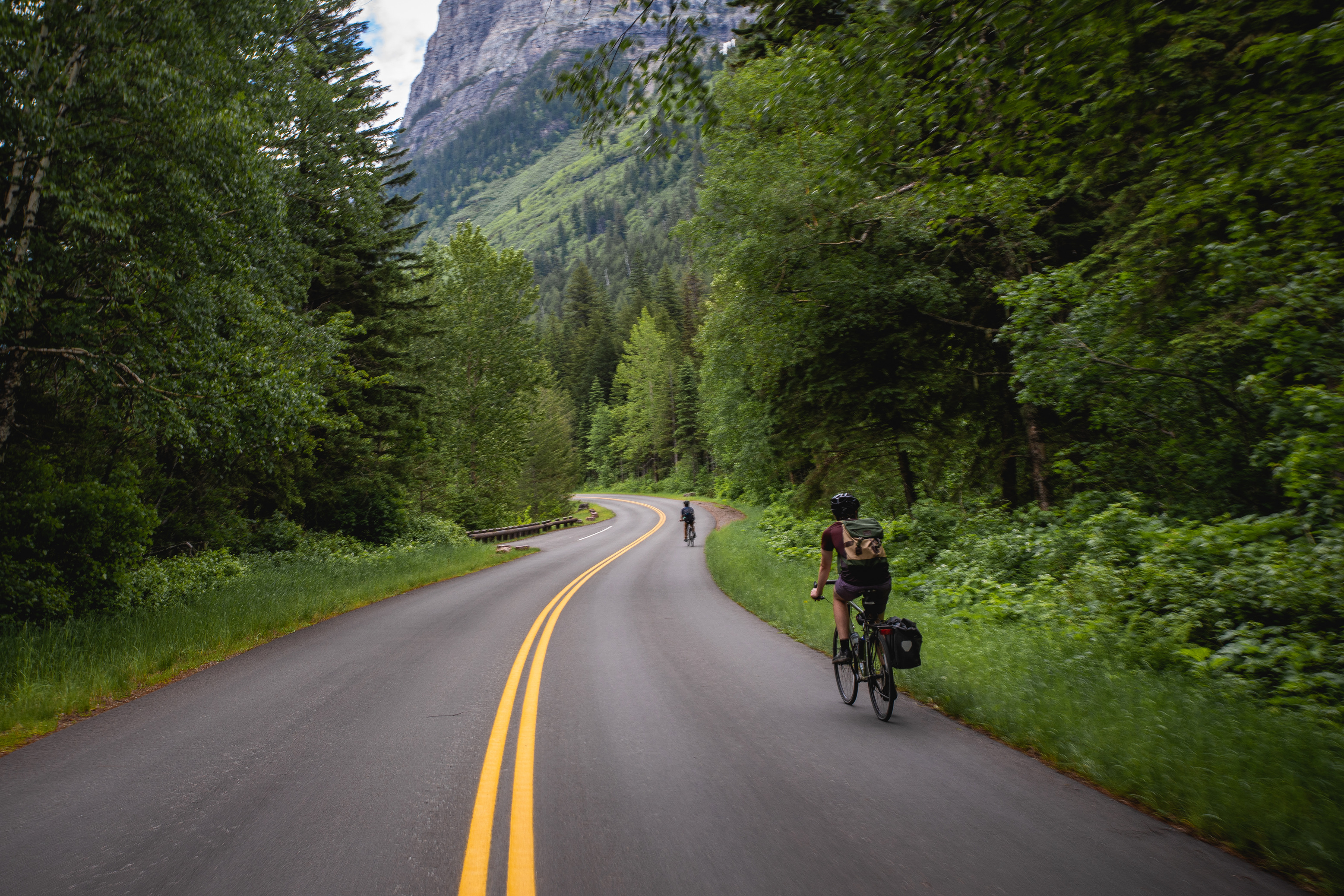 A curvy road snakes through the forest with gray rocky mountain in distance. We look down the length of the road and see two cyclists ahead