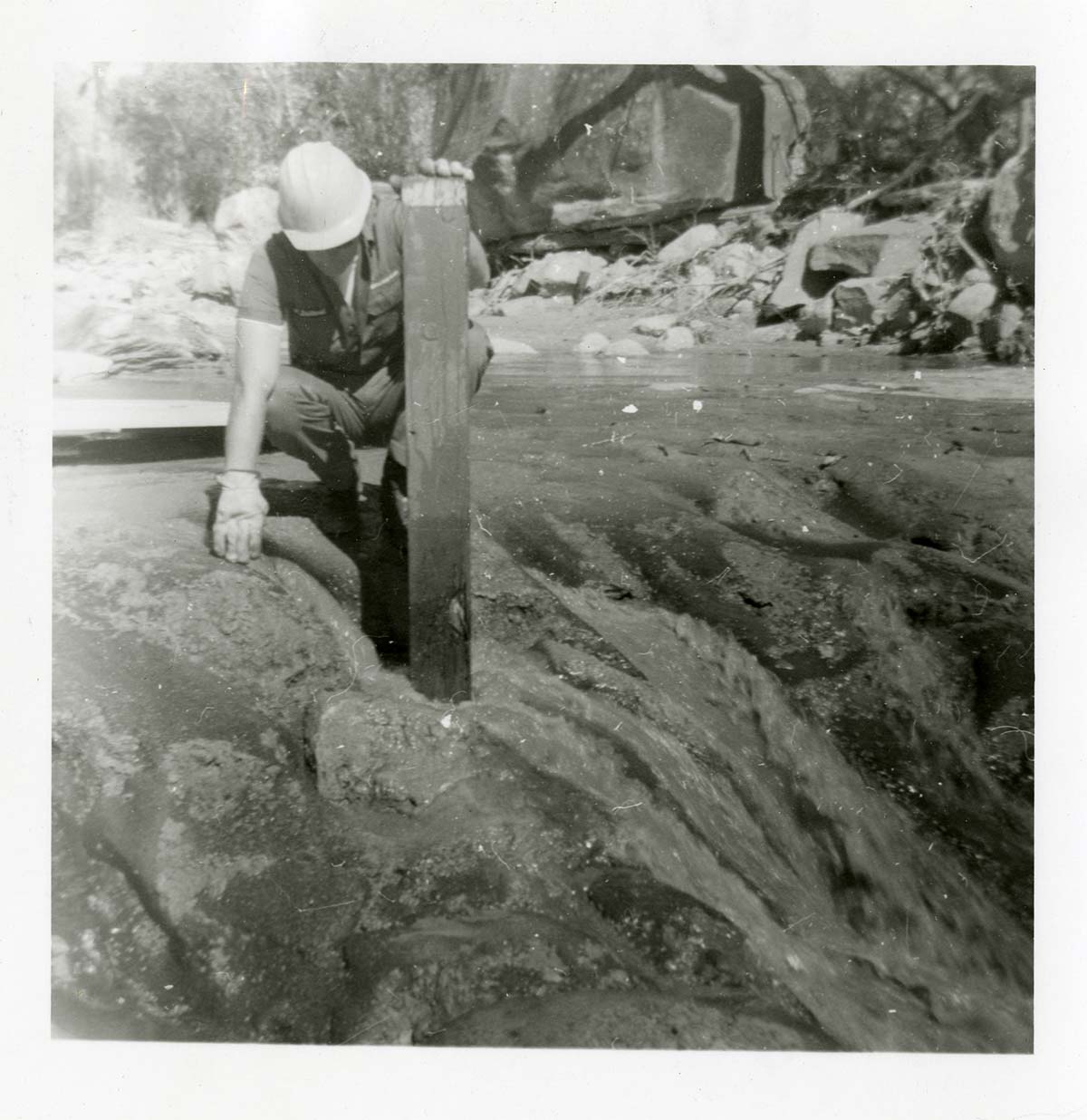 BW photo of the construction/modification of the Canyon Junction Spillway on the Virgin River.