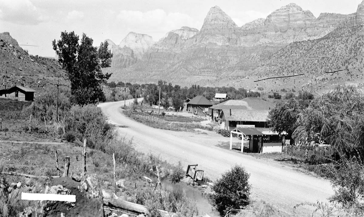 Downtown Springdale. View northeast with Bridge Mountain in center of horizon.
