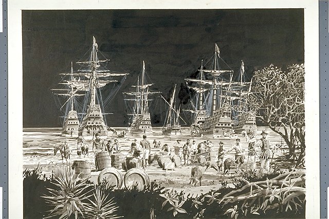 Hernando de Soto's expedition in the process of disembarking. Illustration depicts some members in transit and some already ashore.