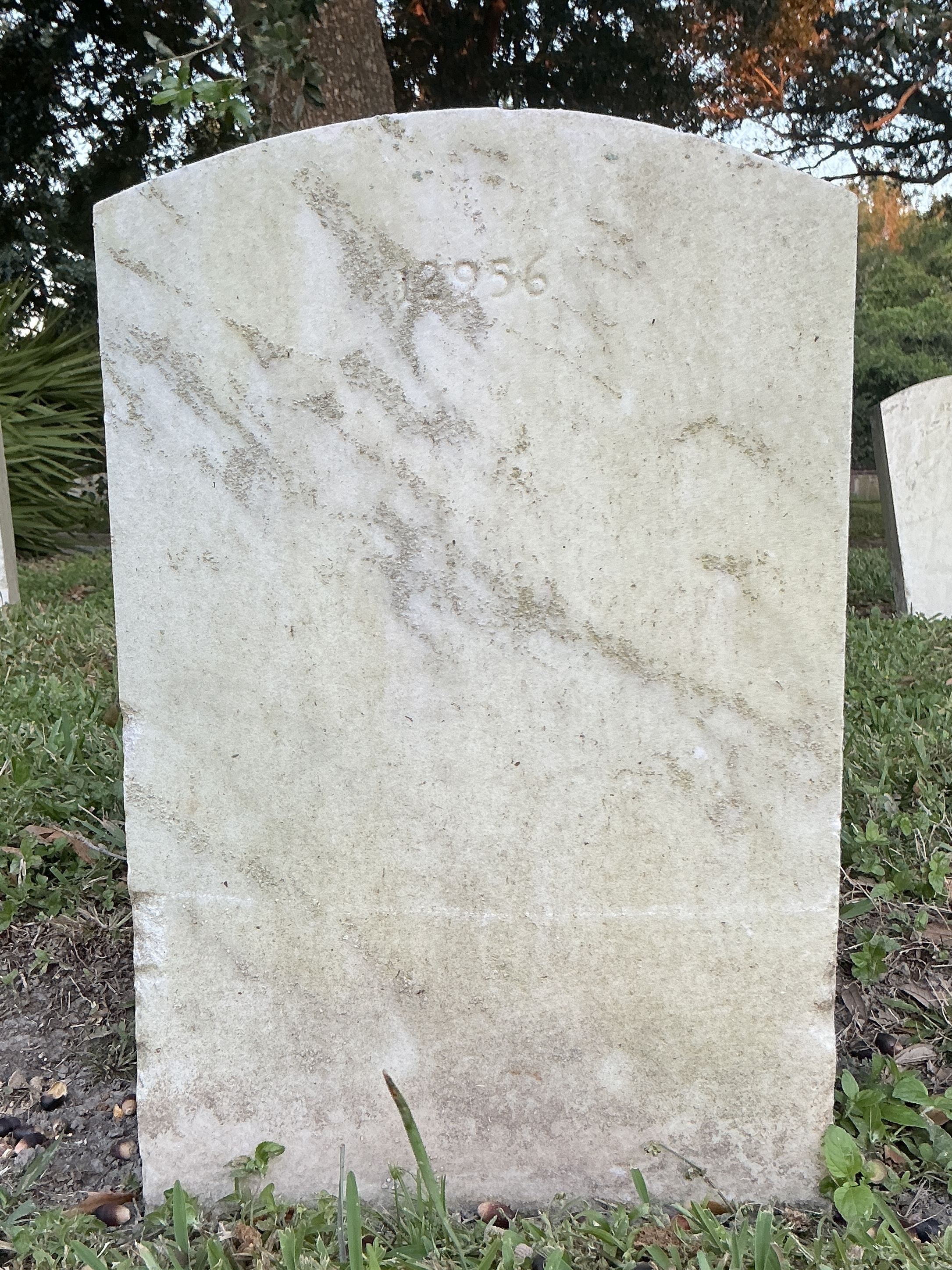 Back of upright marble headstone with flat face.
