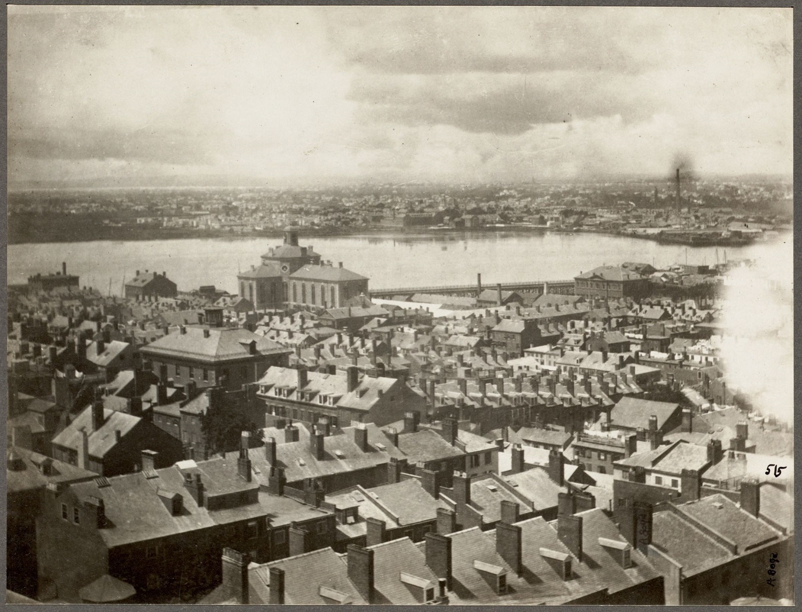 A 19th century black and white aerial photograph of the North Slope of Beacon Hill.  