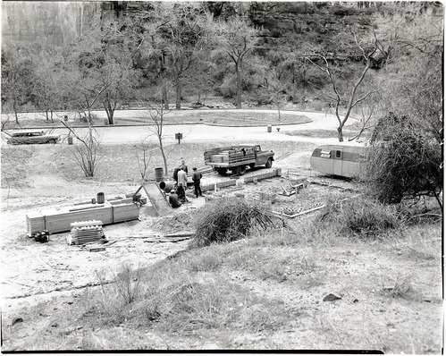 Beginning of construction of comfort station at the Temple of Sinawava with five men on site.