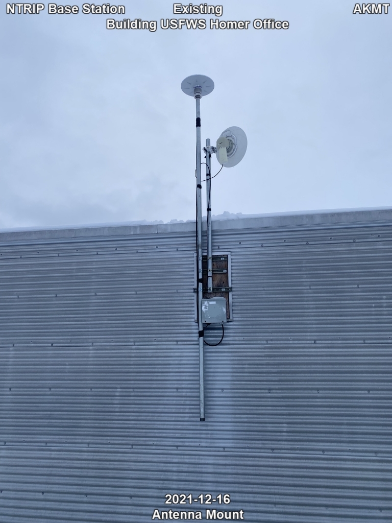 Existing NTRIP base station antenna mount at AKMT USFWS Homer Office building. 