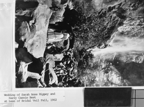 Wedding of Sarah Anne Rippey & Harry Cassie Best, at the base of Bridal Veil Fall. Copied from an Ansel Adams' Gallery notebook.