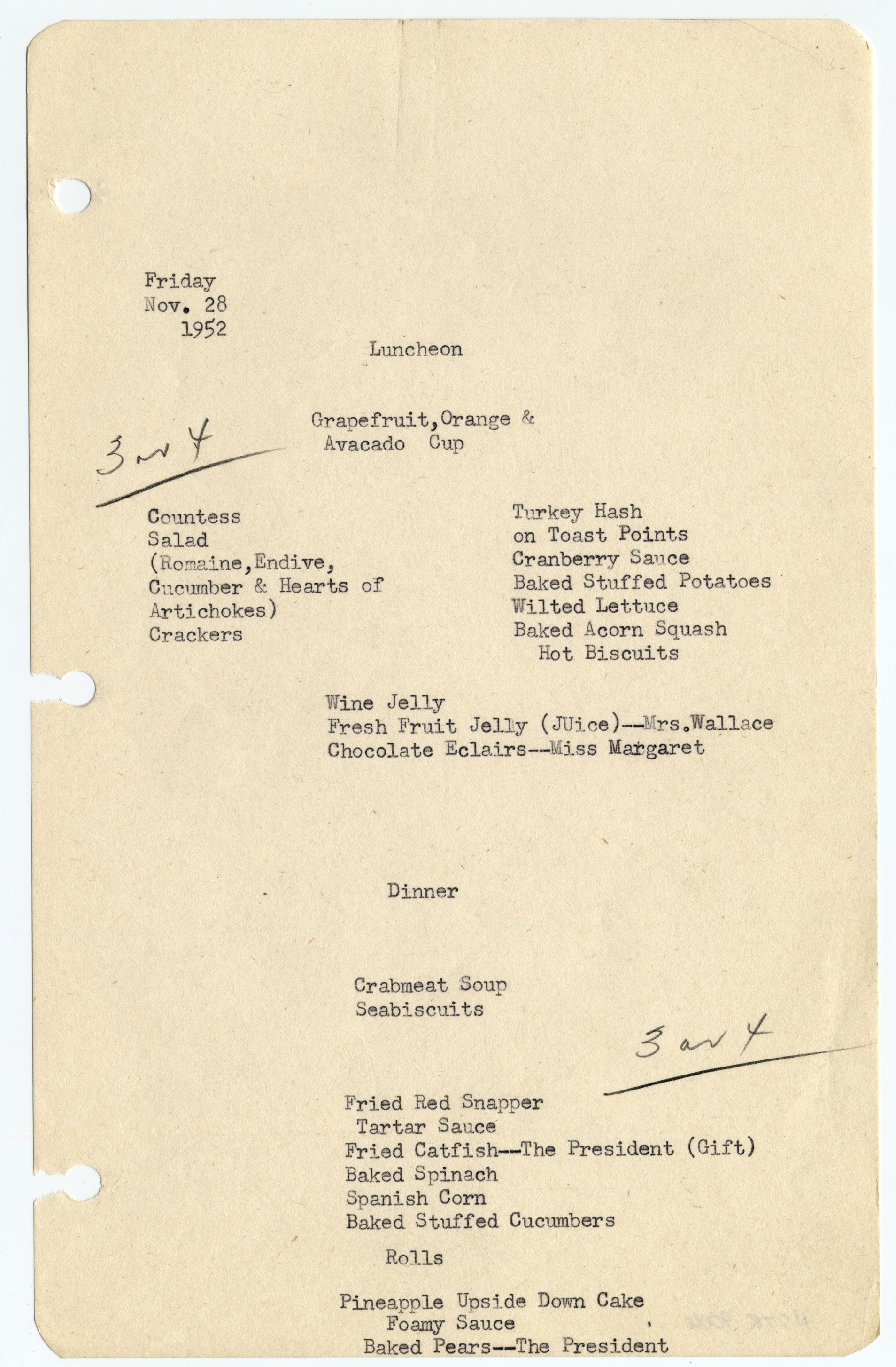 Menus typed on white paper with three hole punches on the left side.