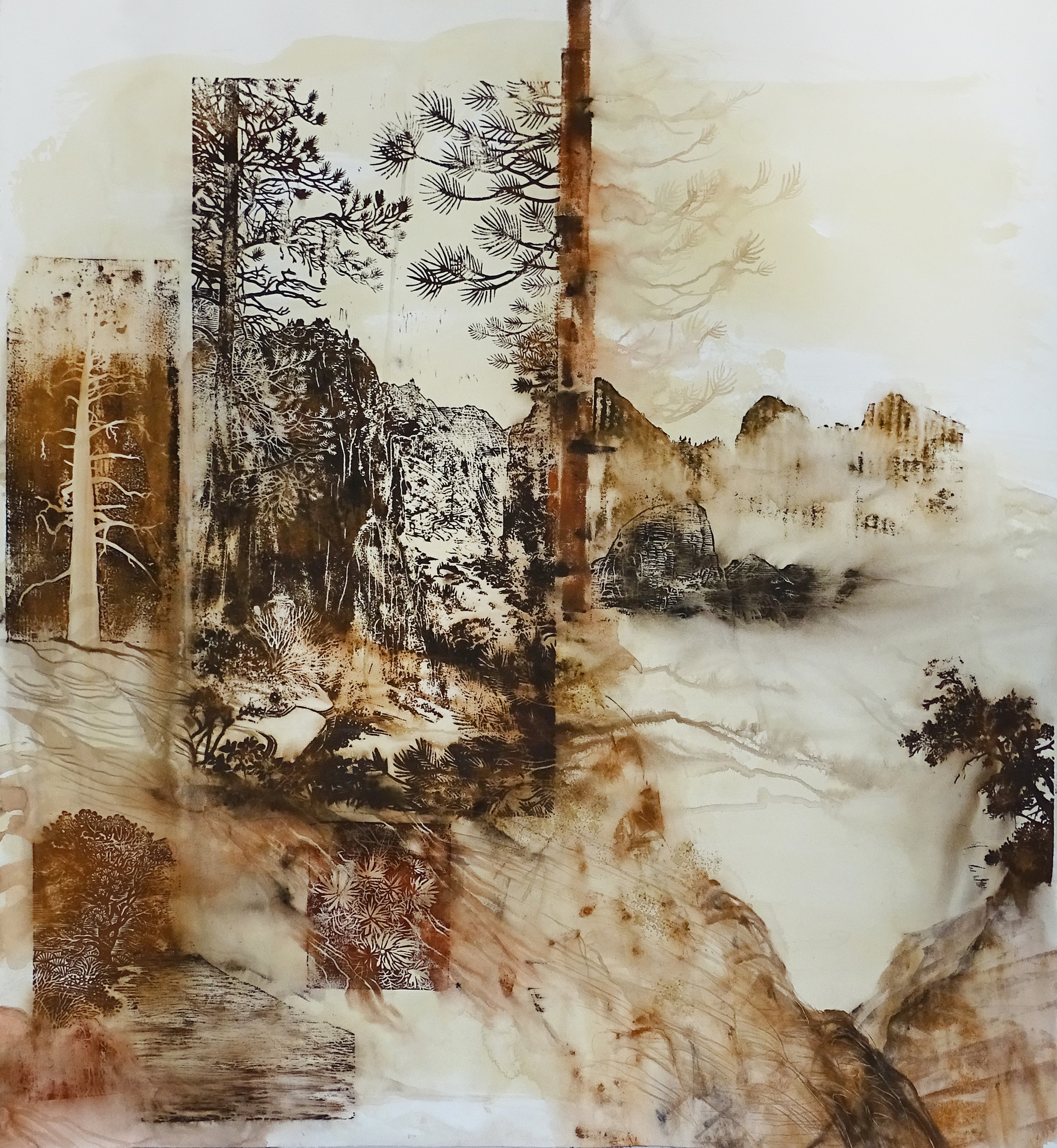 A monochrome image composed of multiple woodcut prints put together. In the center of the image, a black-and-white view shows Angels Landing and the trail leading up to the peak. On the sides, various faded images show trees, cliffs, plants, flowers, and other items.