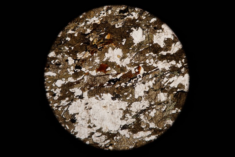 Circular microscopic image of rock structure.
