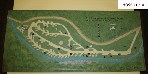 Hand painted and signed map of Gulpha Gorge Campground.  Painted by Bert Hanor in June of 1976 and used in the campground fee station to inform campers of which spot they were occupying.