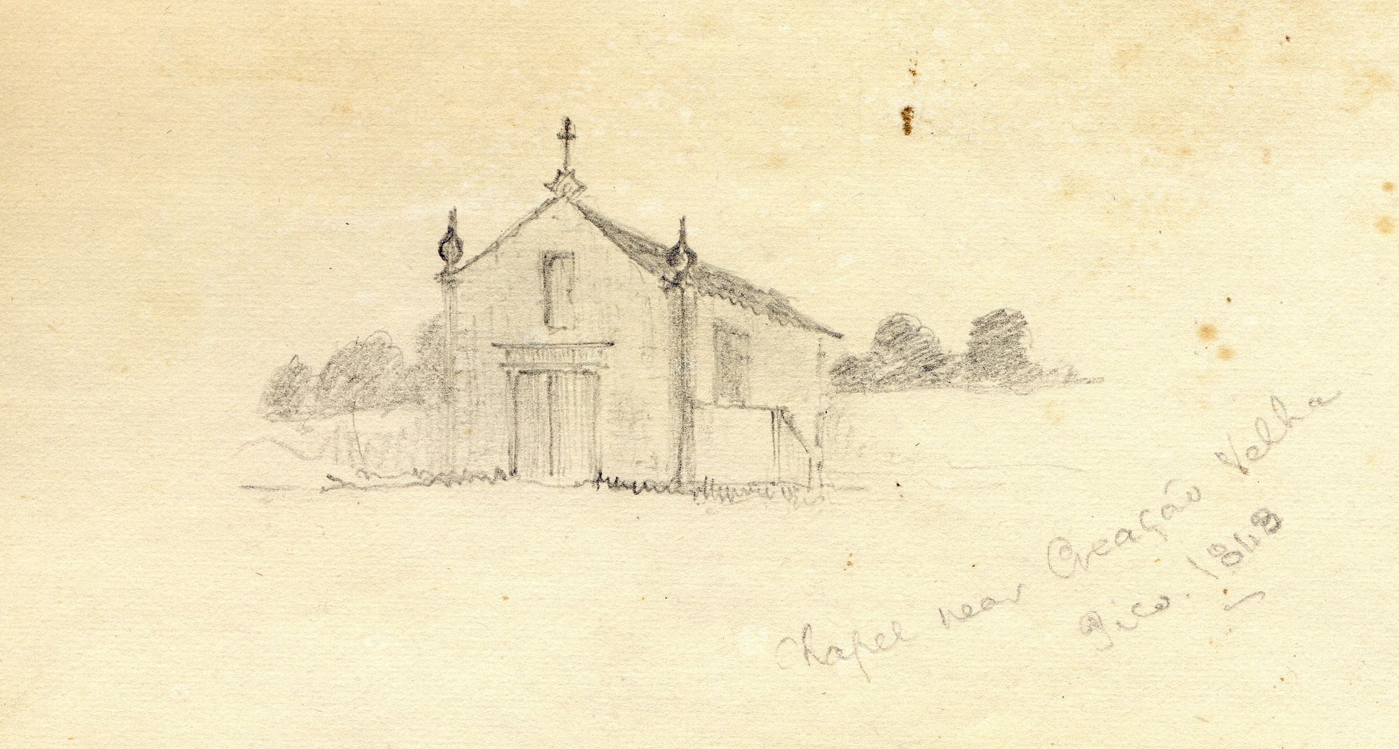Pencil sketch of building with cross on top of roof.