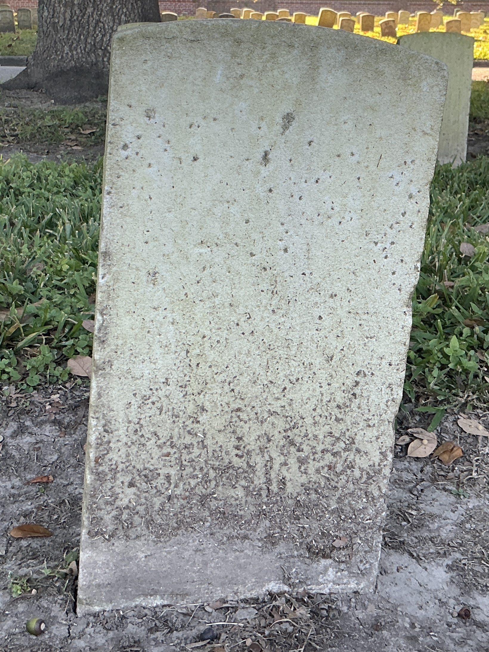 Back of historic upright marble headstone with recessed shield face.