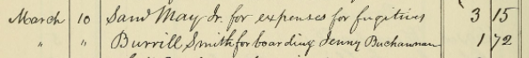 An entry in the Boston Vigilance Committee Records written in cursive. The first entry reads, “March 10. Sam May Jr. for expenses for fugitives. $3.15” The next entry reads “ “ “ Burrill Smith for boarding Jenny Buchannan. $1.72” 