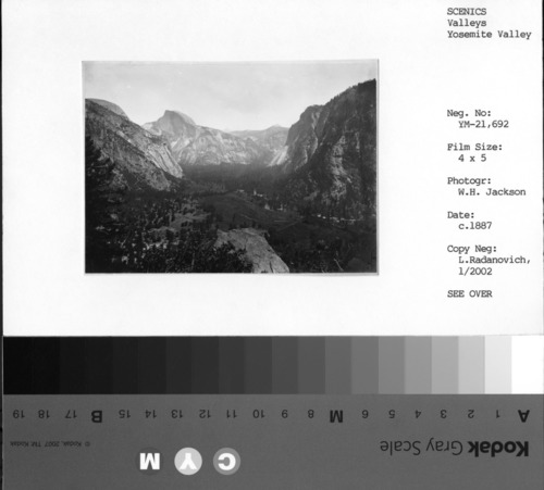 Copy Neg: L. Radanovich, January 2002. Yosemite Valley taken from somewhere on the Yosemite Falls trail. Reprinted as a lithograph in Harper's Weekly, Sept. 27, 1890. Details of rockfall RL-19,833 and Yosemite Creek RL-19,832.