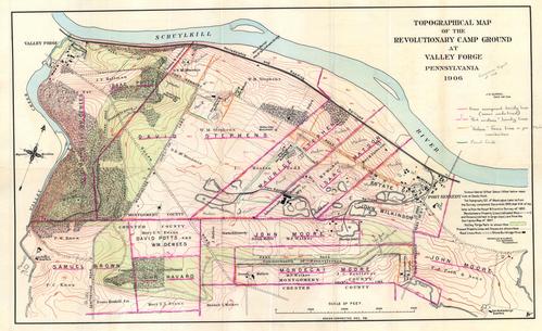 Topographical Map of the Revolutionary Camp Ground at Valley Forge Pennsylvania 1906.  Color coded showing known encampment boundary lines, owners underlined, best evidence boundary lines, historic fence line as master reconstruction, and plowed fields