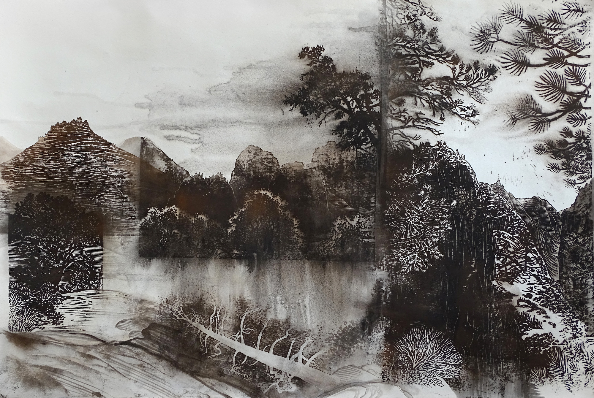 A black-and-white landscape image created using woodblock printing. Various plants, cliffs, and other features are merged into one dramatic scene. 