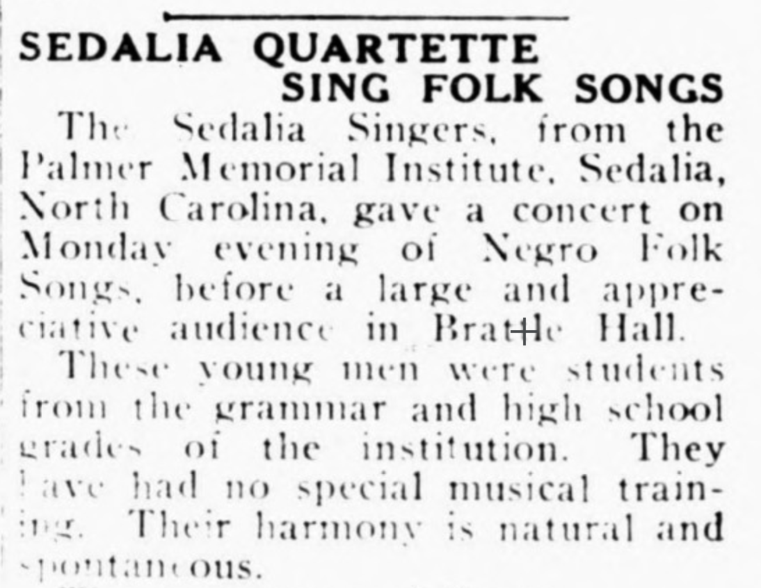 First couple paragraphs from article "Sedalia Quartette Sing Folk Songs"