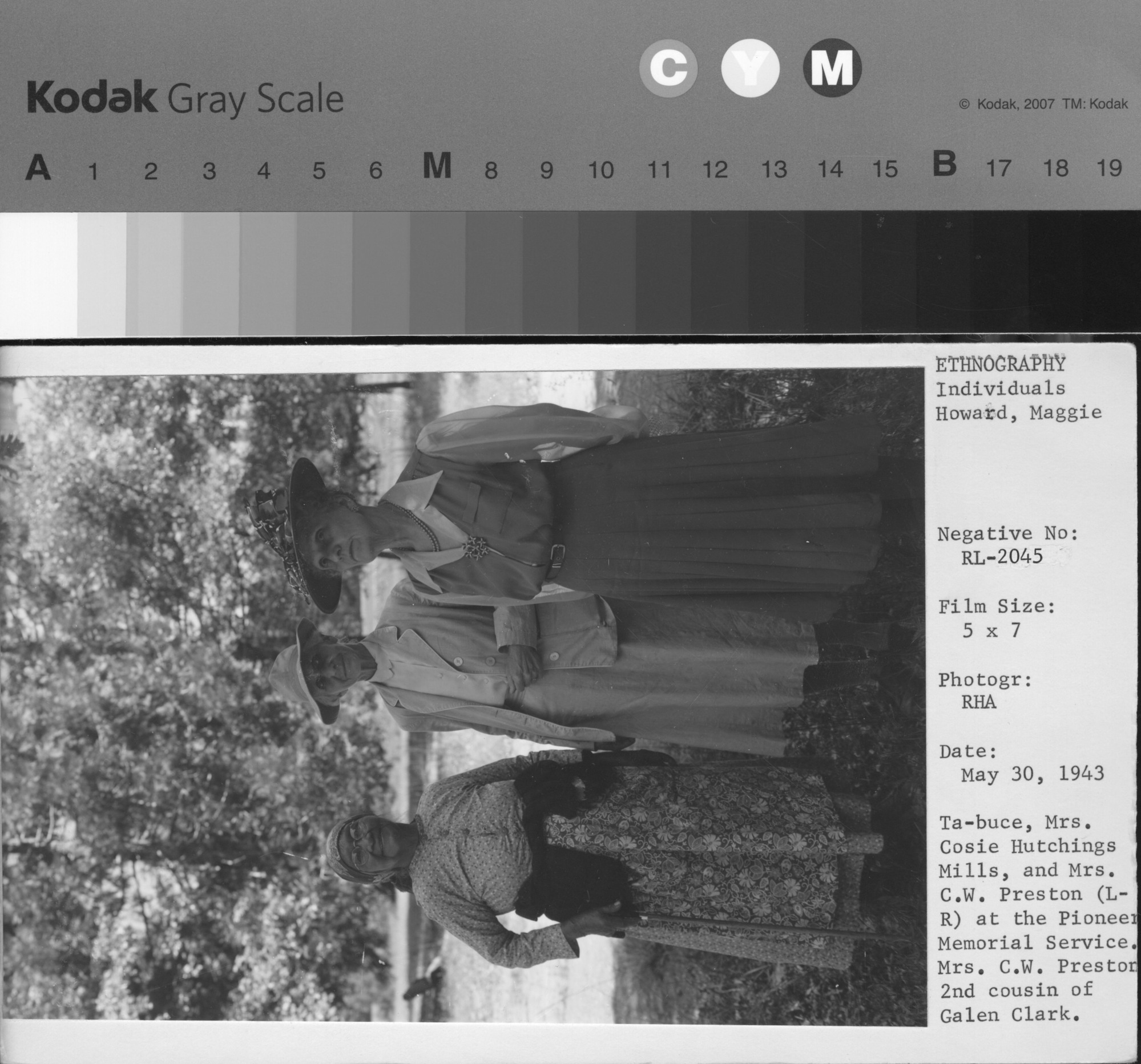 Ta-buce, Mrs. Cosie Hutchings Mills, and Mrs. C. W. Preston (L-R) at the Pioneer Memorial Service. Mrs. C. W. Preston is the 2nd cousin of Galen Clark.