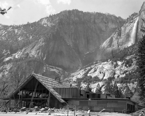 Subject: Degnan's Restaurant under construction in Yosemite Village. Location: Yosemite Valley. Purpose: Mission 66 Cooperative Project.