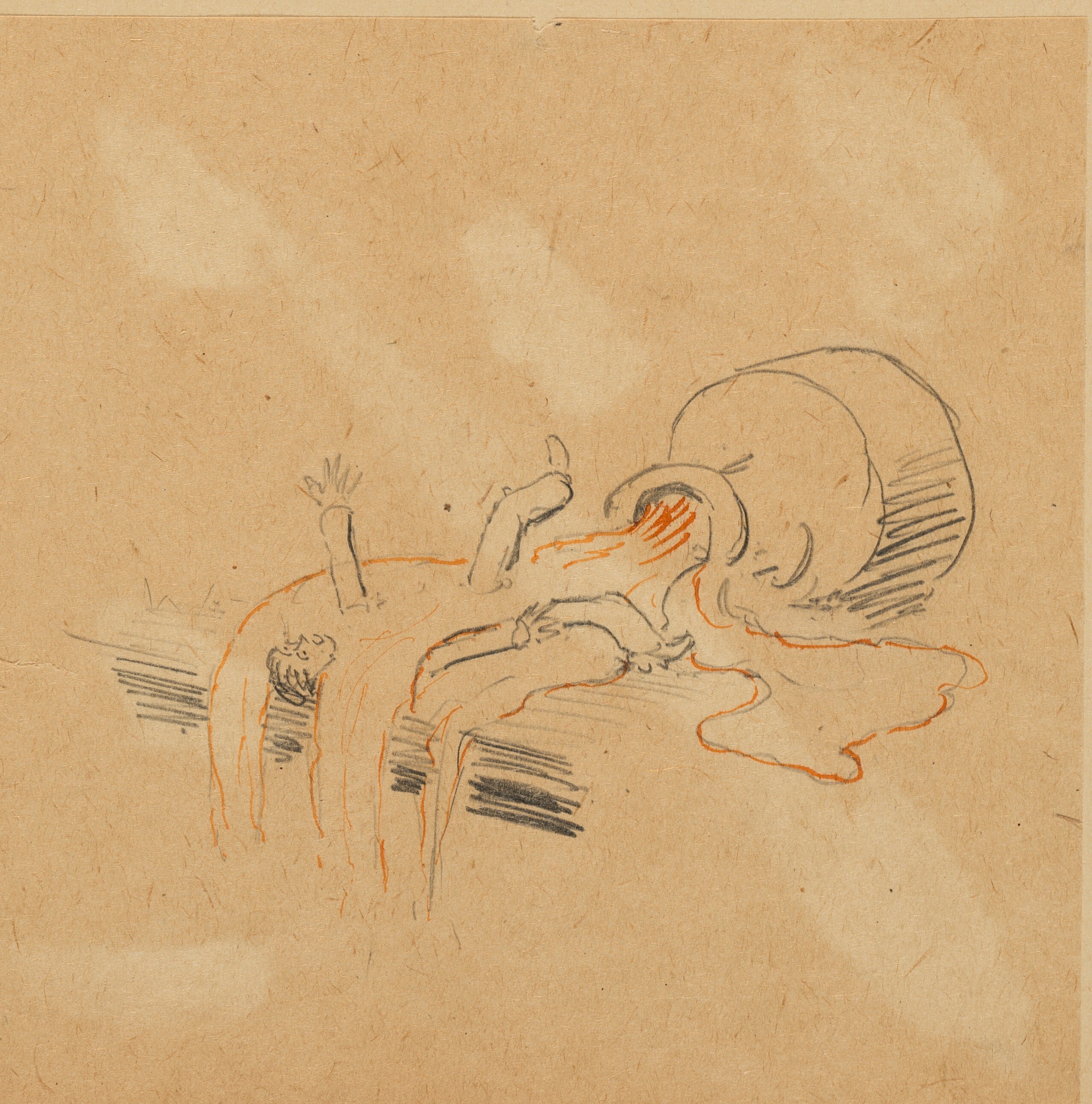 Pencil drawing of spilled over ink well with man drowning in the ink. 