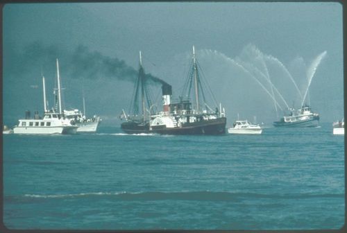 Eppleton Hall (built 1914; tugboat) arriving in San Francisco from Newcastle, England, March 24, 1970