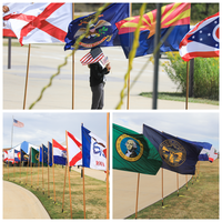 Three panel collage shows different views of flags. In top panel, an unknown figure stands behind a row of state flags and holds up two US flags. In the bottom two images, flags form a line that curves around the length of the parking lot. States flags with visible words include North Dakota, Iowa, Washington, and Nebraska.