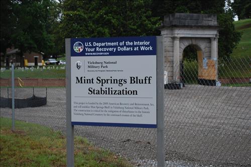 Construction to correct an eroding bluff adjacent to Vicksburg National Cemetery and stabilize a segment of the bayou near the bluff to ensure bluf stability in Vicksburg National Military Park in June 2010