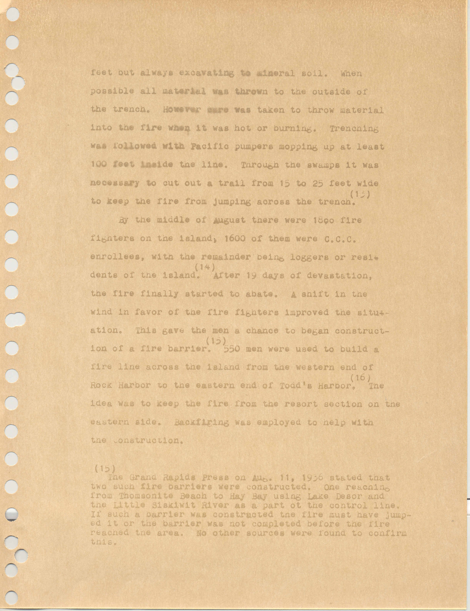An old, tan, weathered piece of paper reports on the Fire of 1936 in typewriter script. 