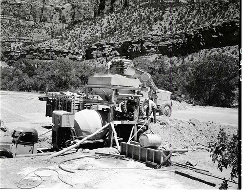 Concrete mixing plant at Mission 66 Visitor Center and Museum construction.