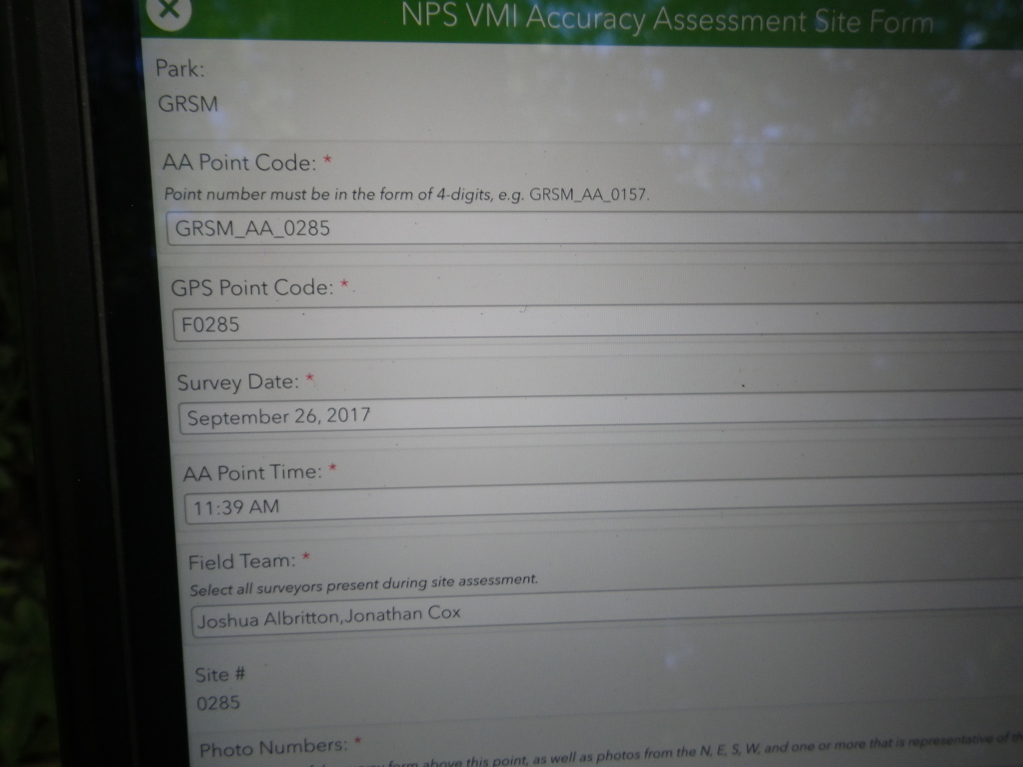 GRSM Accuracy Assessment. Plot Code: GRSM_AA_0285_1